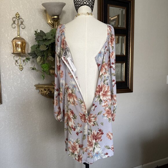 Women's Floral Dress Flowy Long Bell Sleeve Tie Front Deep Zipper V Back Size S - Picture 9 of 15